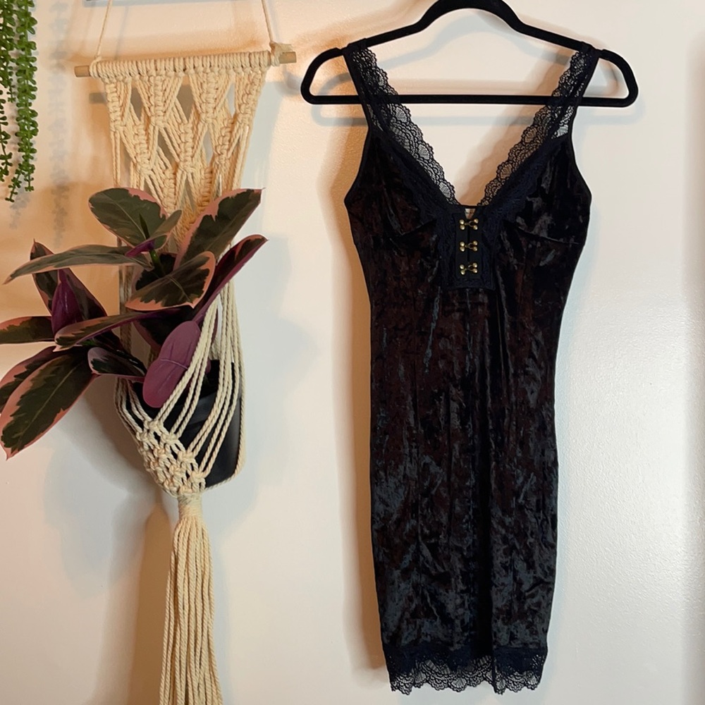 Intimately Free People chemise lingerie night gown black crushed velvet lace